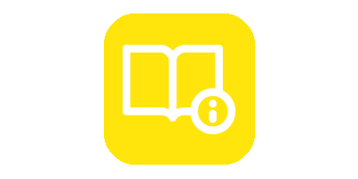 Icon of a book and information sign on a yellow background