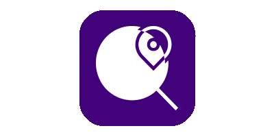 Magnifying glass with location symbol on dark purple background