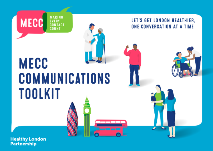 MECC communications toolkit 'Let's get London healthier one conversation at a time', featuring illustrations of London landmarks and people talking to each other