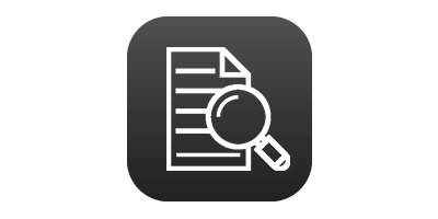 white icon of a magnifying glass over a document in front of a grey background