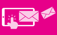 Graohic of finger clicking on a mobile with two envelopes on a pink background