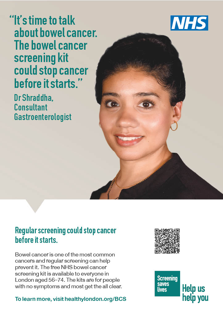 Image of Dr Shraddha with text "it's time to talk about bowel cancer. The bowel cancer screening kit could stop cancer before it starts' Link to the NHS bowel cancer screening site.
