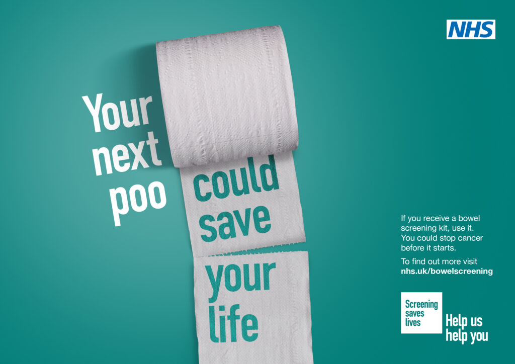 Your next poo could beat bowel cancer, news article about the importance of the NHS bowel cancer Screening Programme.