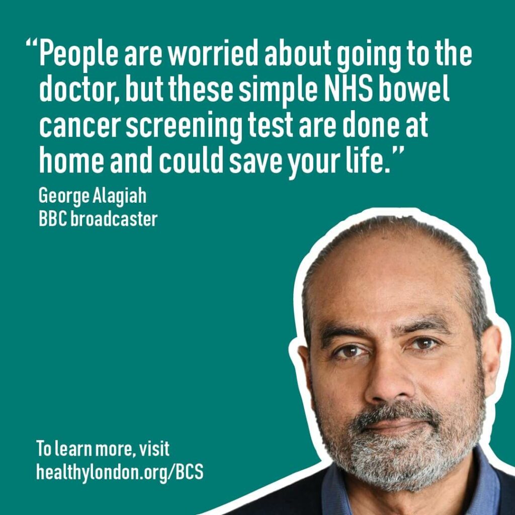 George Alagiah advising on how simple the NHS bowel cancer screening tests are to use and how it saves lives. 