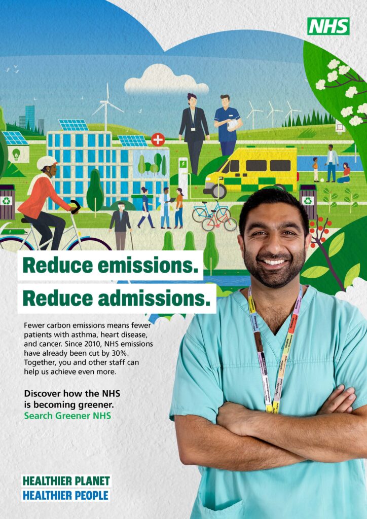 Healthier Planet, Healthier People campaign poster with illustration in the background, male hospital worker to the foreground and the heading text "Reduce emissions. Reduce admissions." 