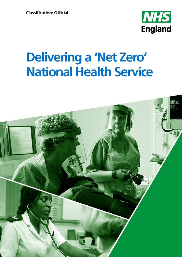 Example page from the 'Delivering a Net Zero National Health Service' report - title page with images of women in the NHS