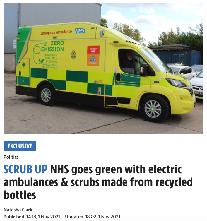 News article about electric ambulances and scrubs made from recycled bottles
