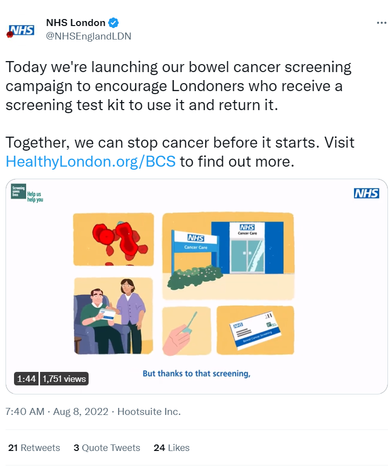 Campaign launch Tweet from NHS England London "Today we're launching our bowel cancer screening campaign to encourage Londoners who receive a screening text kit to use it and return it. Together we can stop cancer before it starts. Visit HelathyLondon.org/BCS to find out more."