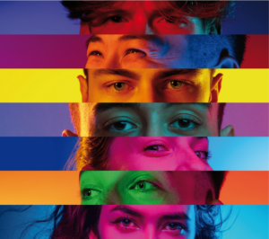 An image shows the eyes of seven people, each with a colourful background.